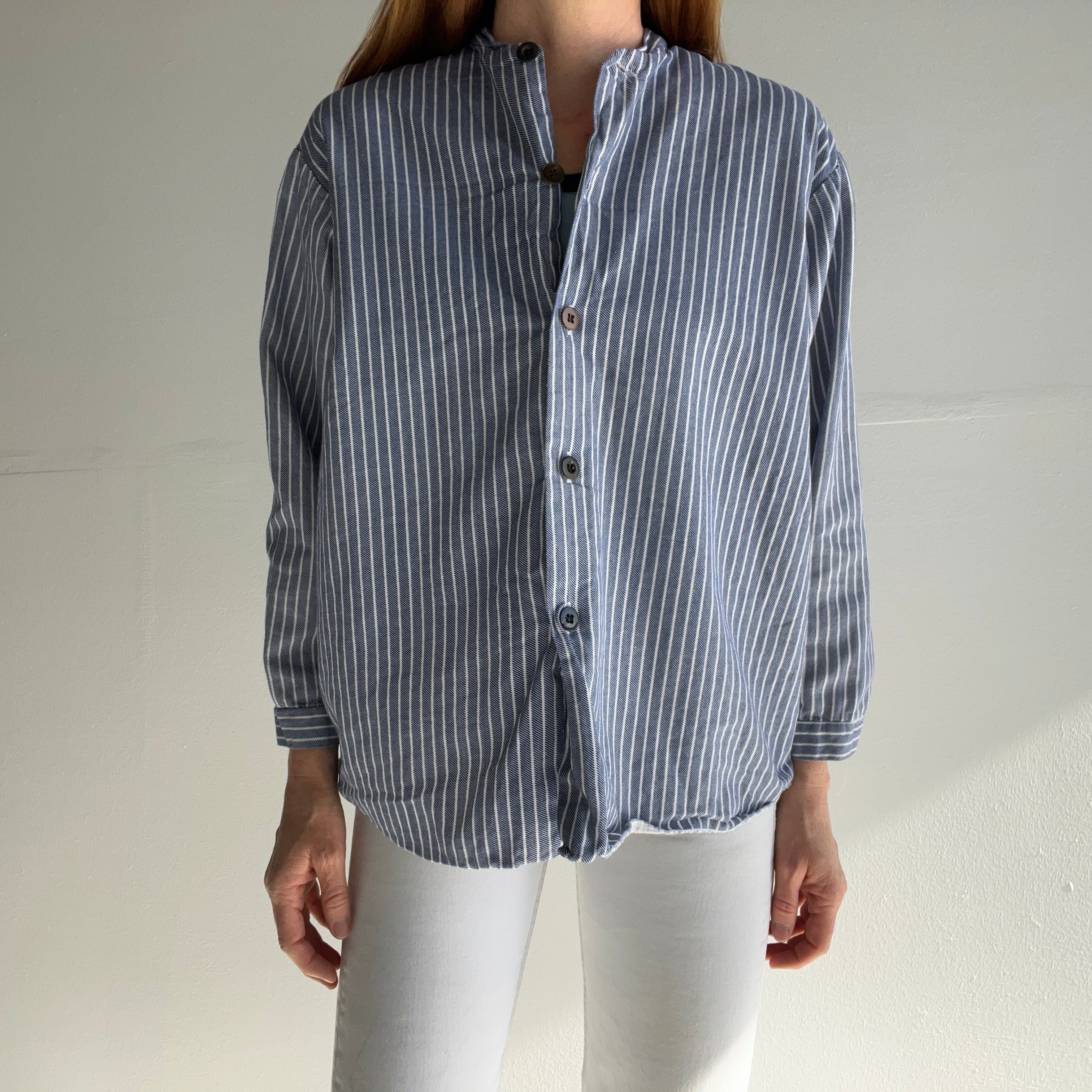 1980s Striped French Cotton Workwear Neru Style Shirt