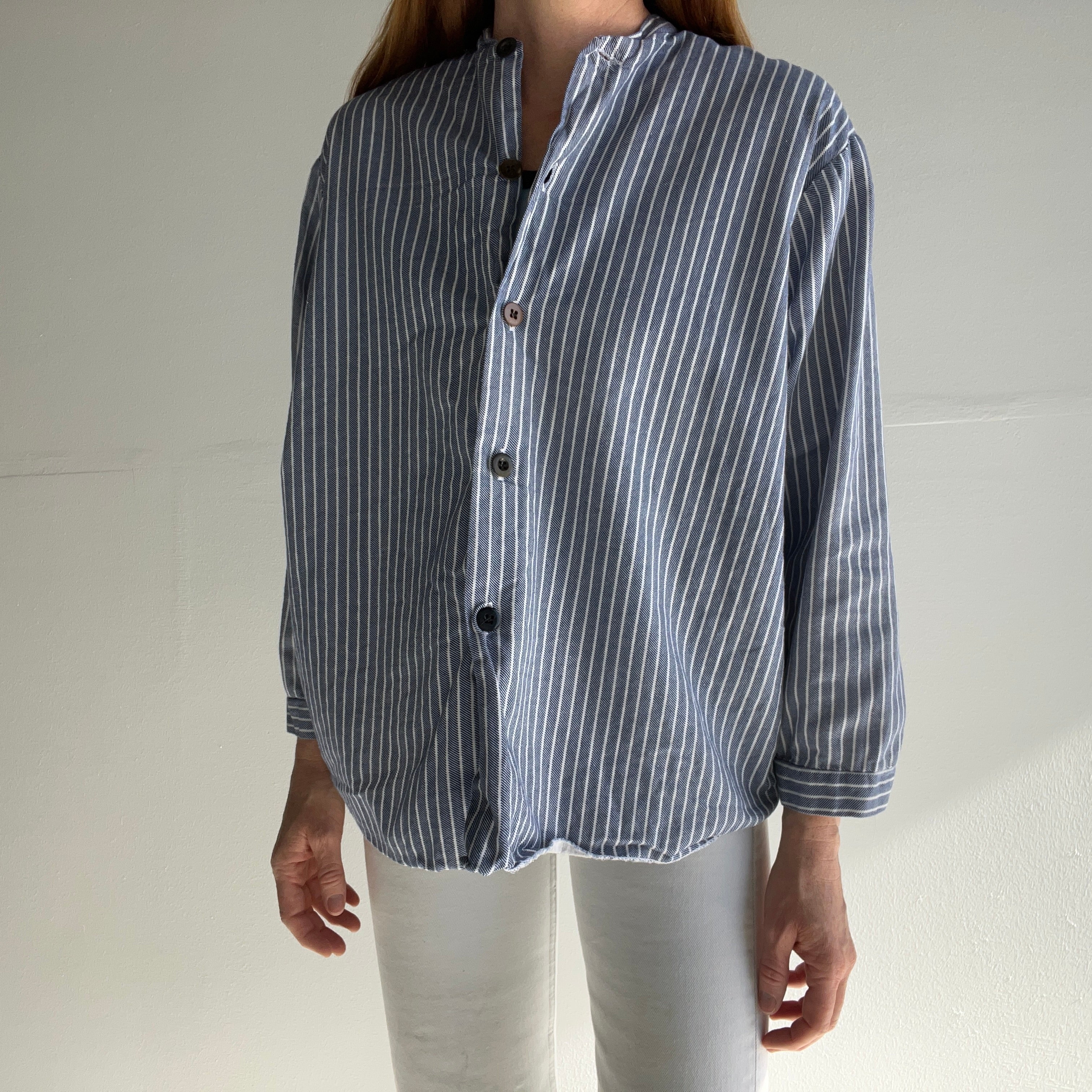 1980s Striped French Cotton Workwear Neru Style Shirt