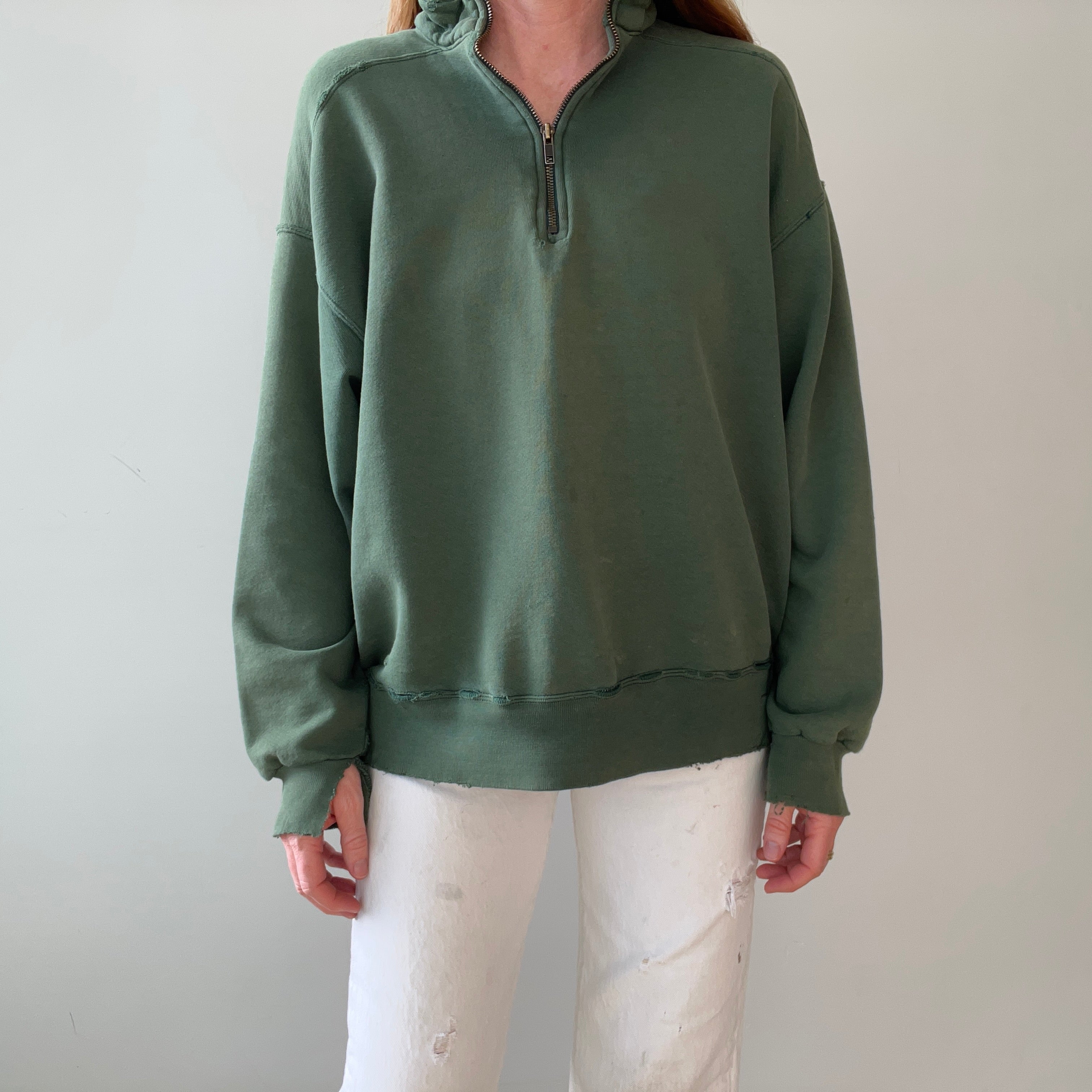1980s Green Thrashed L.L. Bean Quarter Zip Sweatshirt