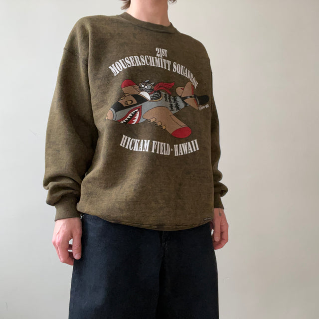 1990s Dark Green/Mustard Acid Wash Crazy Shirt Hawaii 21st Mouserschmitt Squadron Sweatshirt