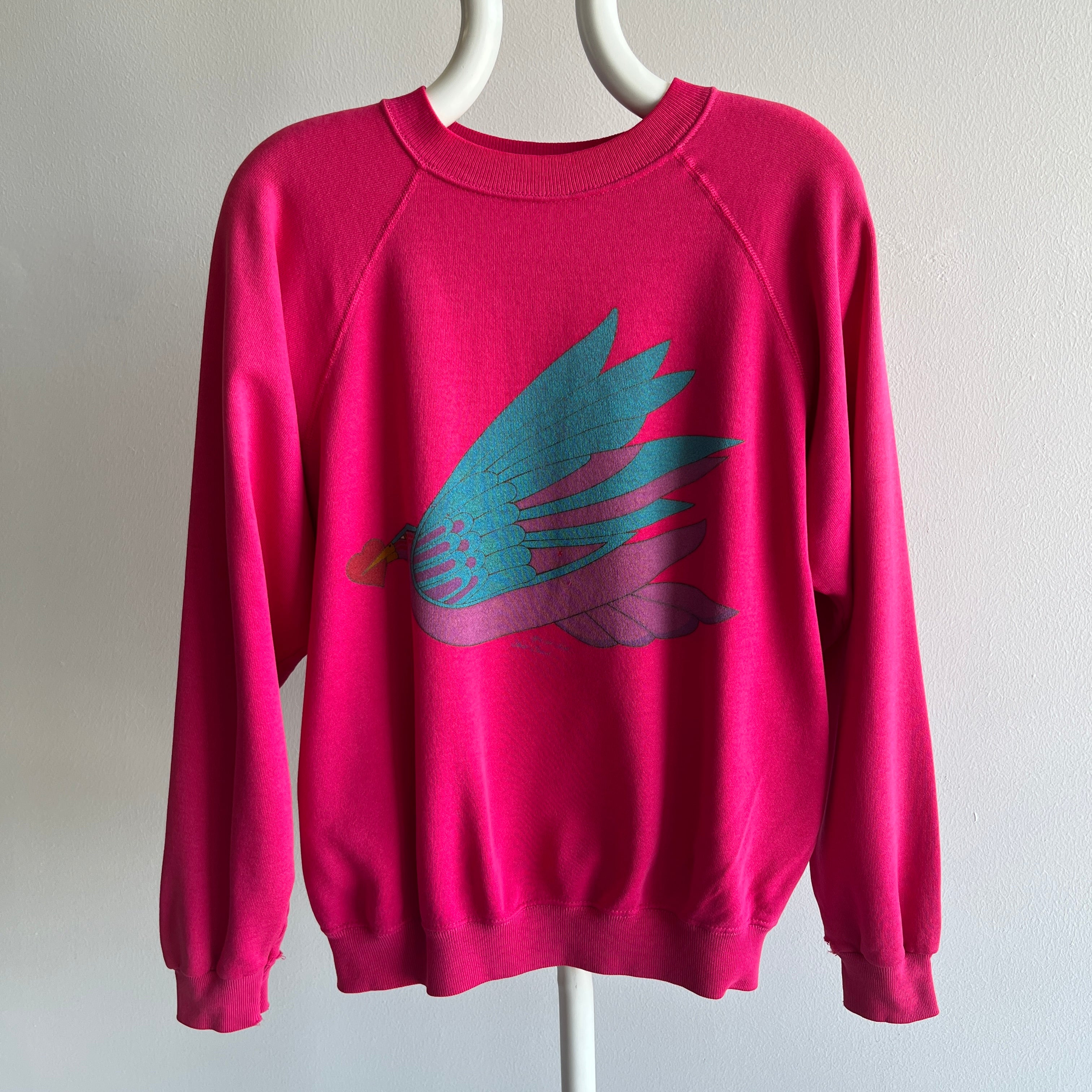 1980s Soft and Worn Dove (?) with a Heart in It's Mouth Slouchy Sweatshirt