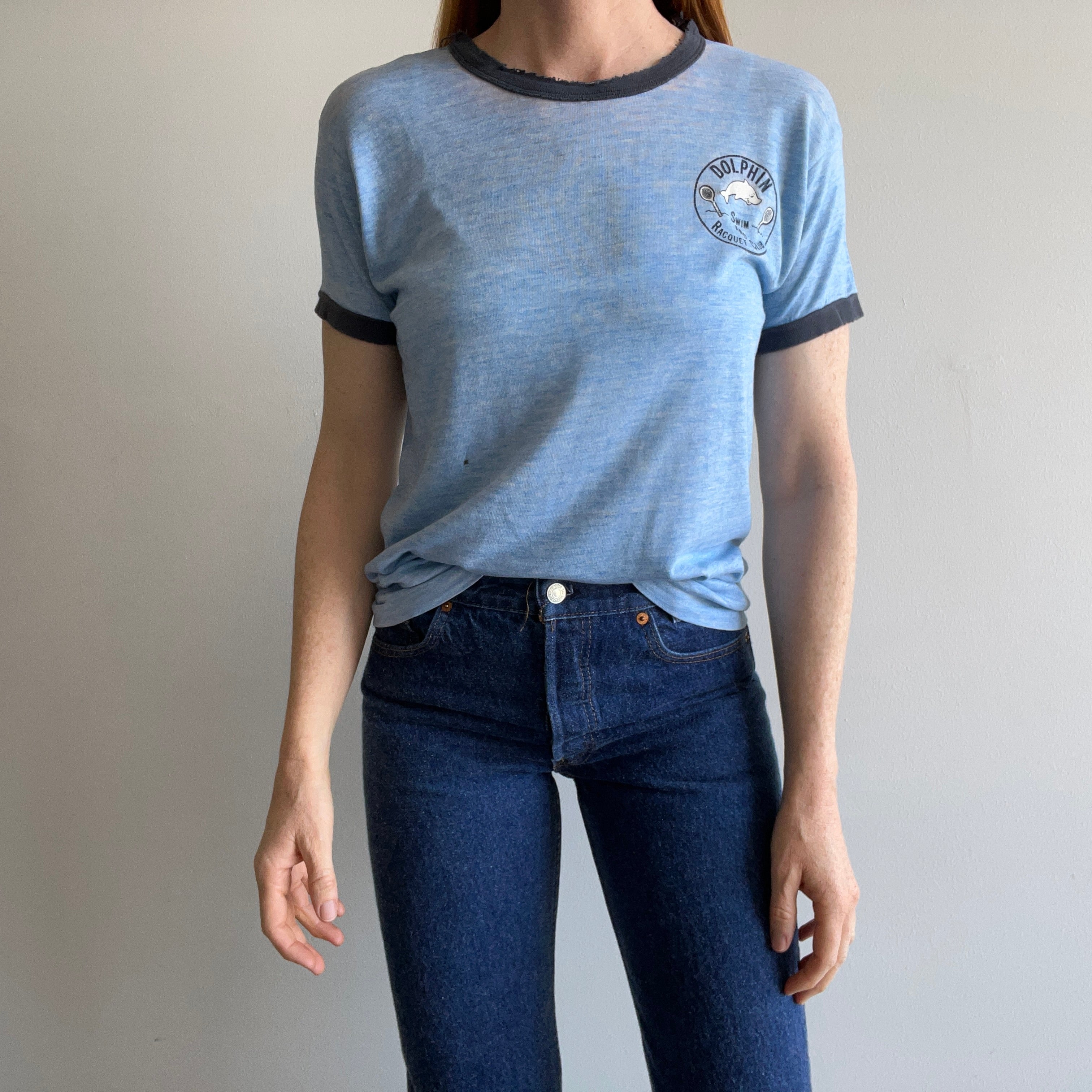 1970s Tissue Paper Thin and Shredded Dolphin Swim and Racquet Club Ring T-Shirt