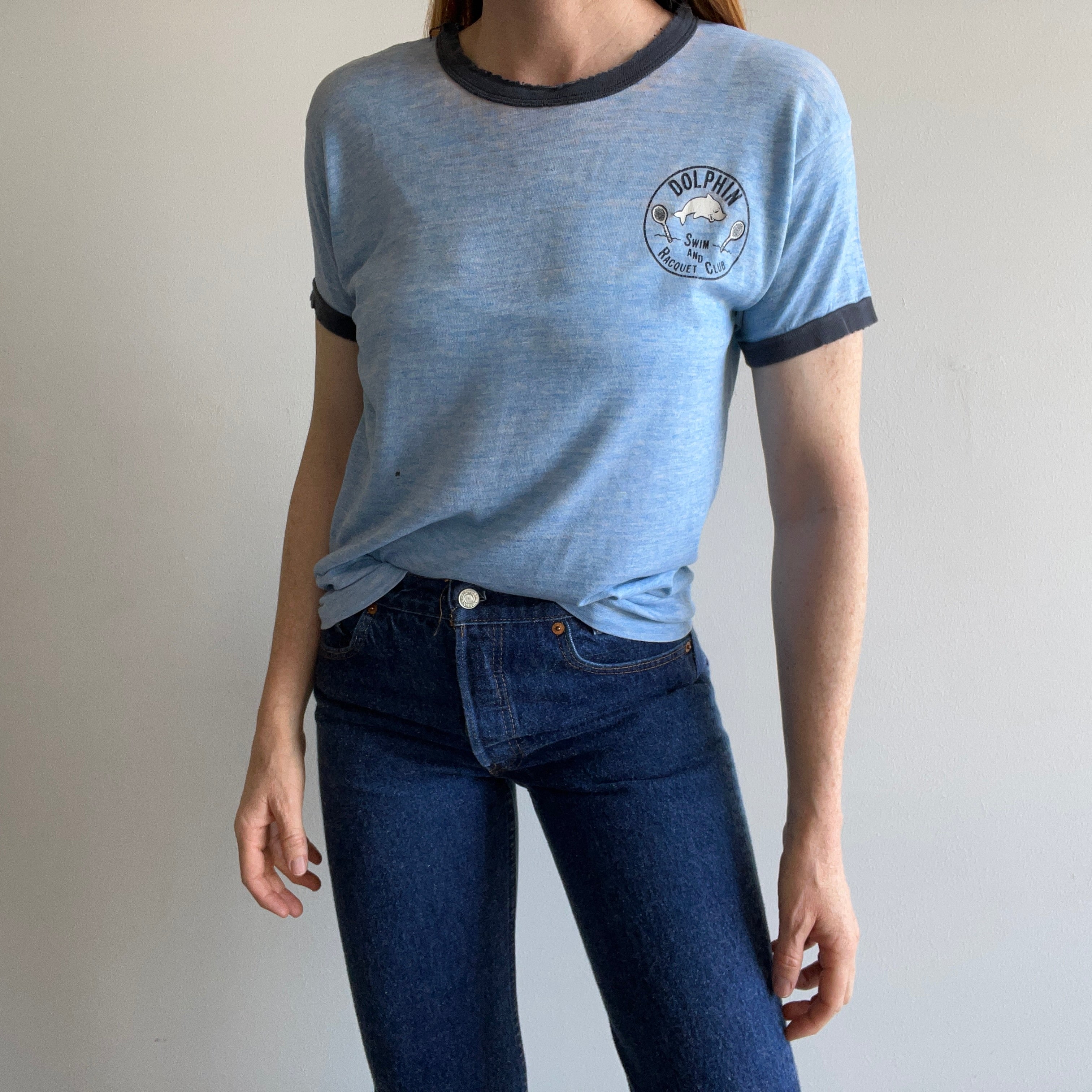 1970s Tissue Paper Thin and Shredded Dolphin Swim and Racquet Club Ring T-Shirt