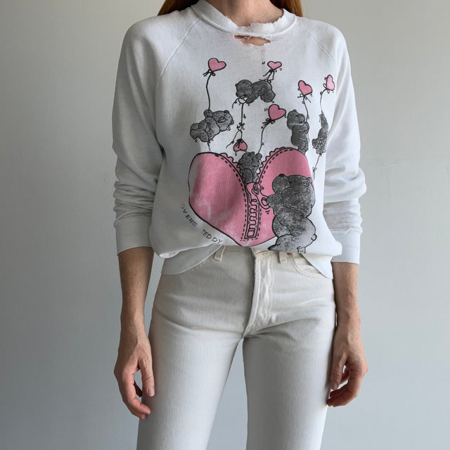 1980s Tissue Paper Thin "Lovers Teddy" Sweatshirt - Tattered Beyond