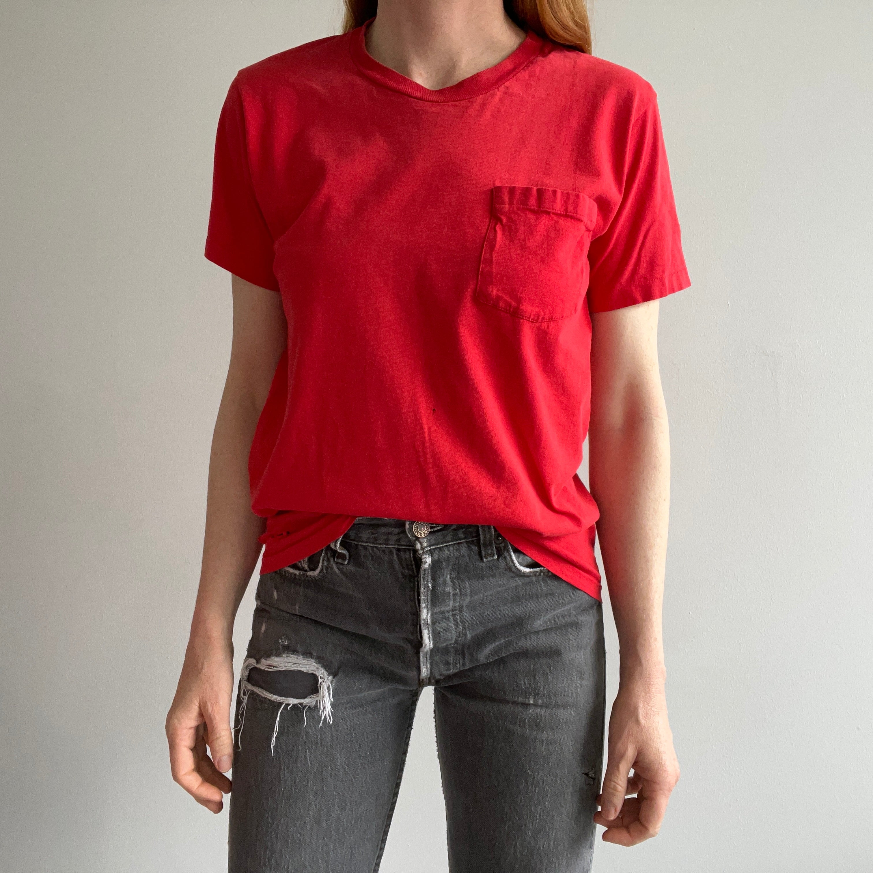 1980s Nicely Stained and Beat Up Early 80s Blank Red Pocket T-Shirt