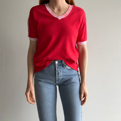 1970/80s Re V-Neck Ring T-SHirt with Shoulder Striping - Jersey Knit