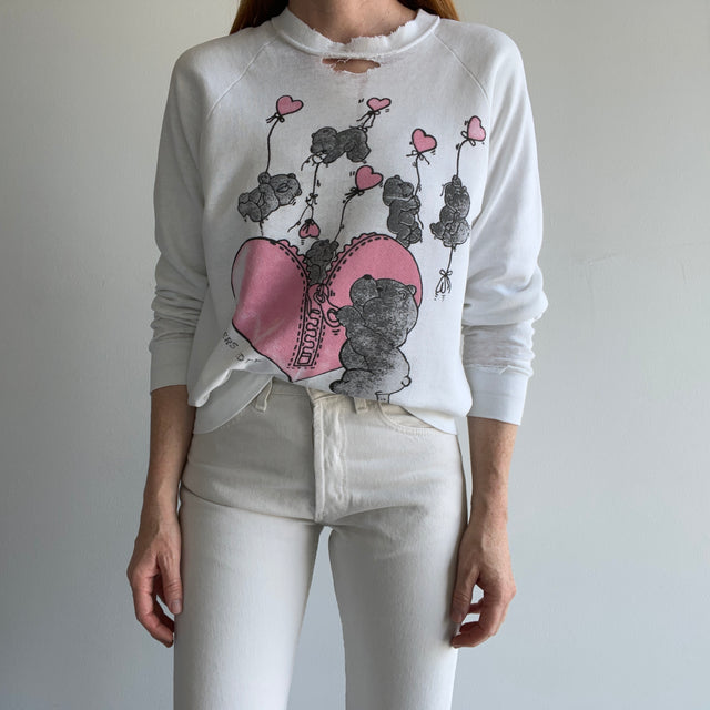 1980s Tissue Paper Thin "Lovers Teddy" Sweatshirt - Tattered Beyond