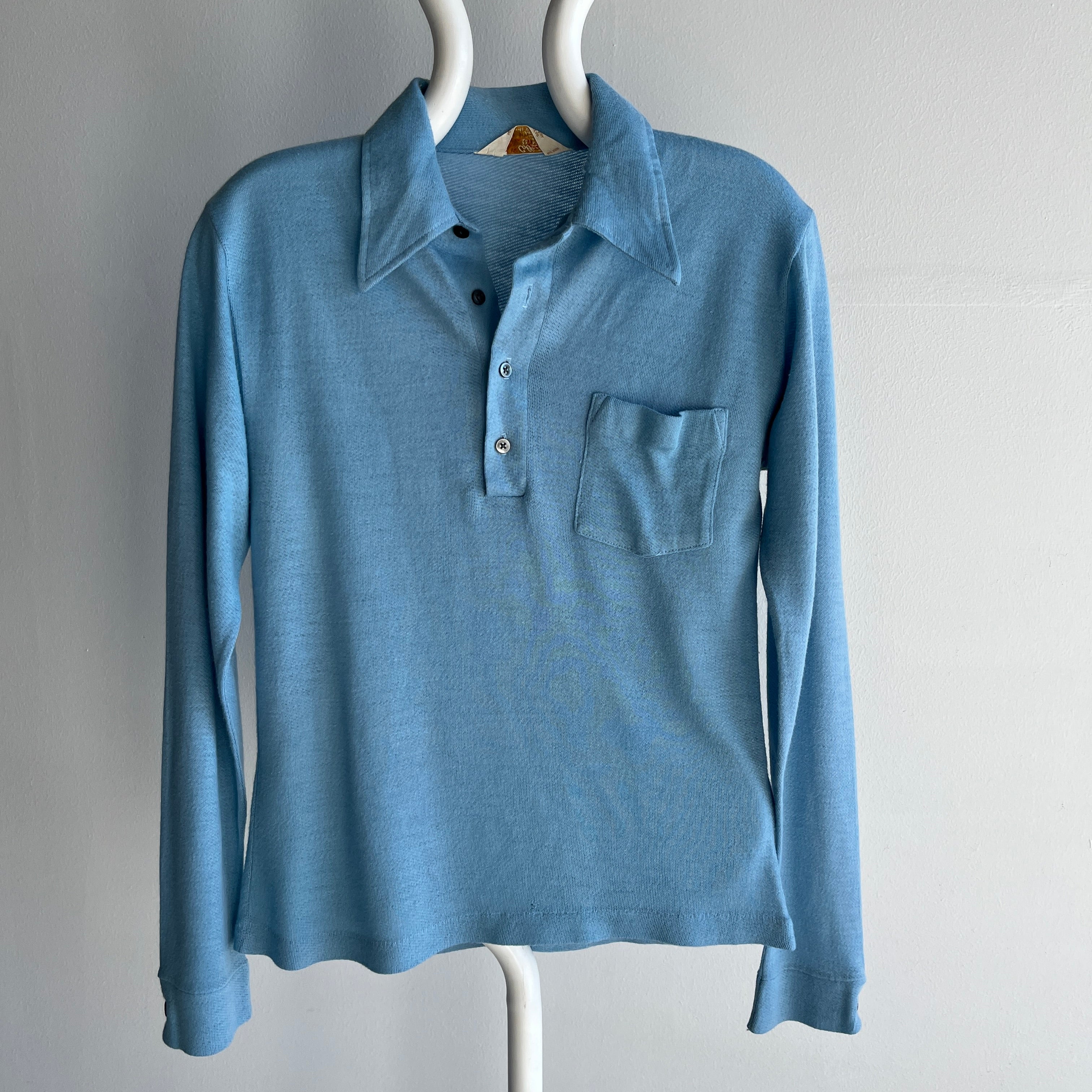 1970s Knit Baby Blue Long Sleeve Polo - WOWZA