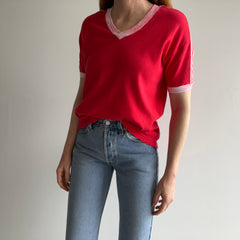 1970/80s Re V-Neck Ring T-SHirt with Shoulder Striping - Jersey Knit