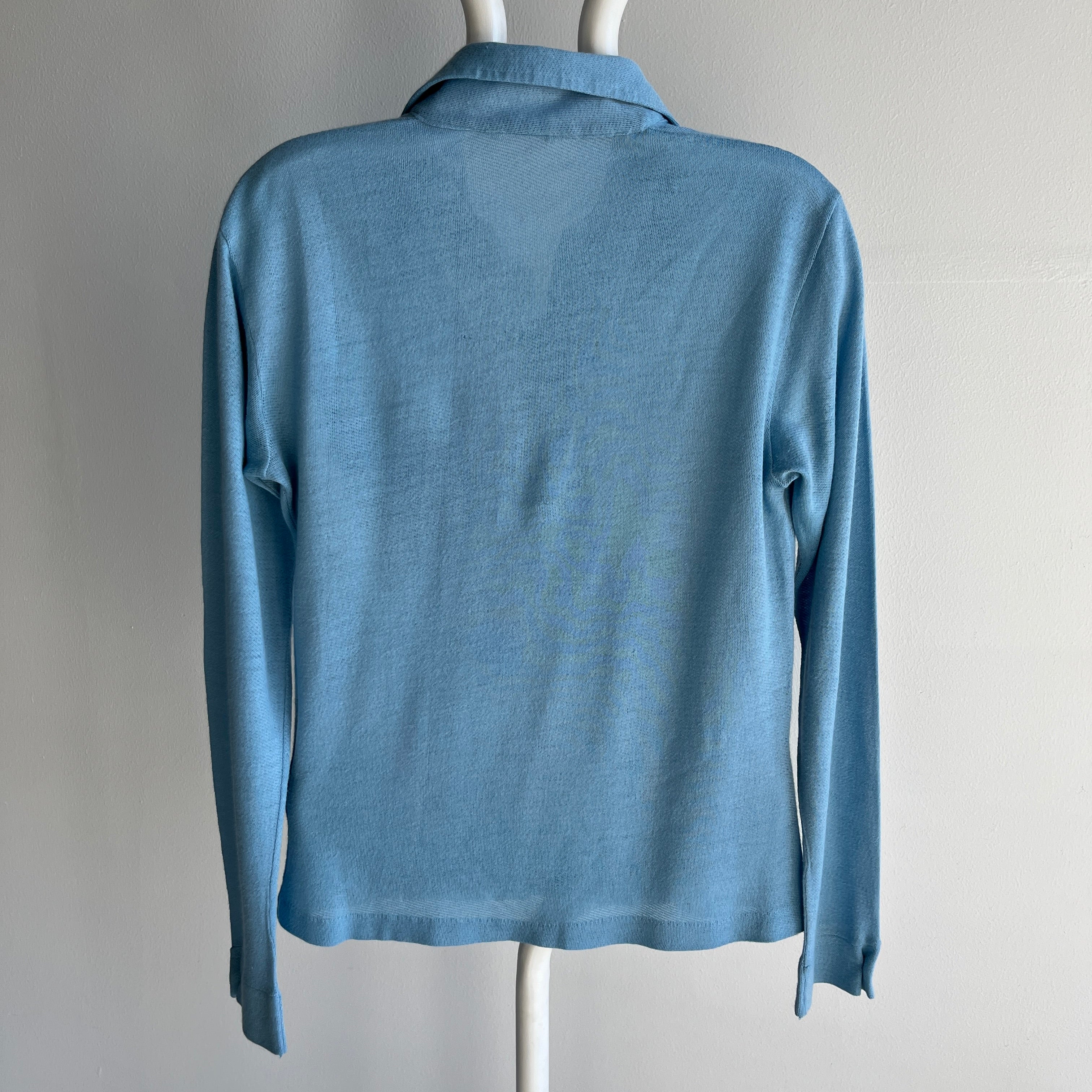 1970s Knit Baby Blue Long Sleeve Polo - WOWZA