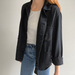 1970s Overdyed Black Paint Stained and Worn Cotton Chore Coat