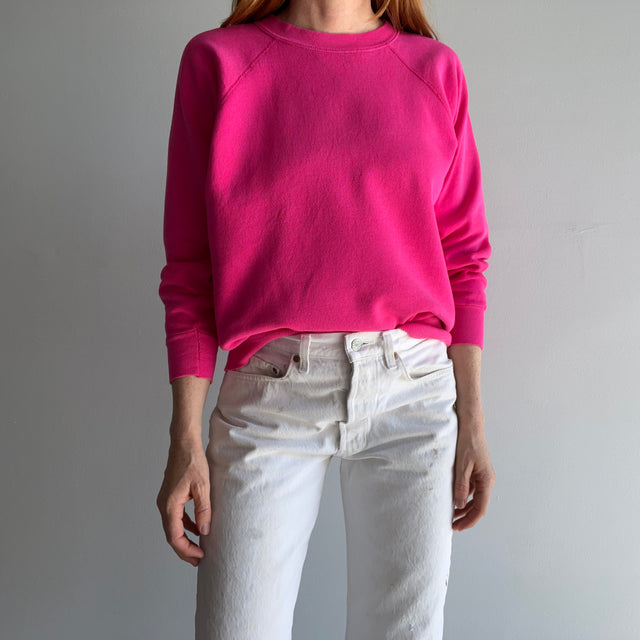 1980s Thin and Slouchy Hot Pink Sweatshirt with Bleach Staining on the Sleeve