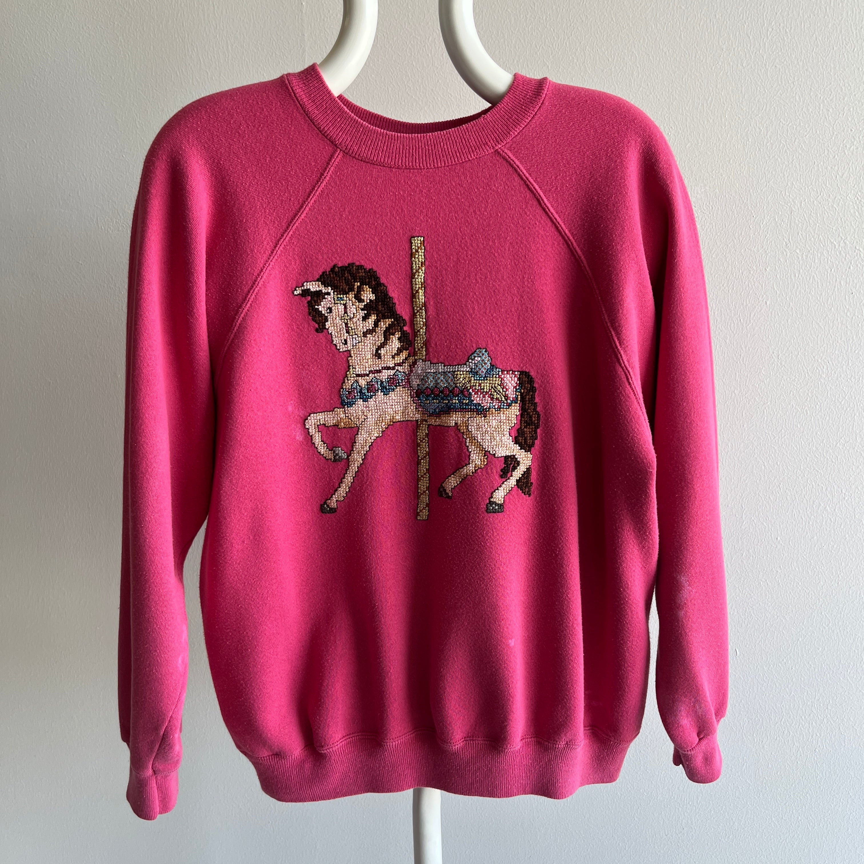 1980s DIY Needlepoint Carousel Horse Sweatshirt - OH, WOW