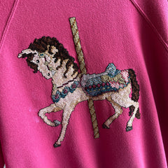 1980s DIY Needlepoint Carousel Horse Sweatshirt - OH, WOW