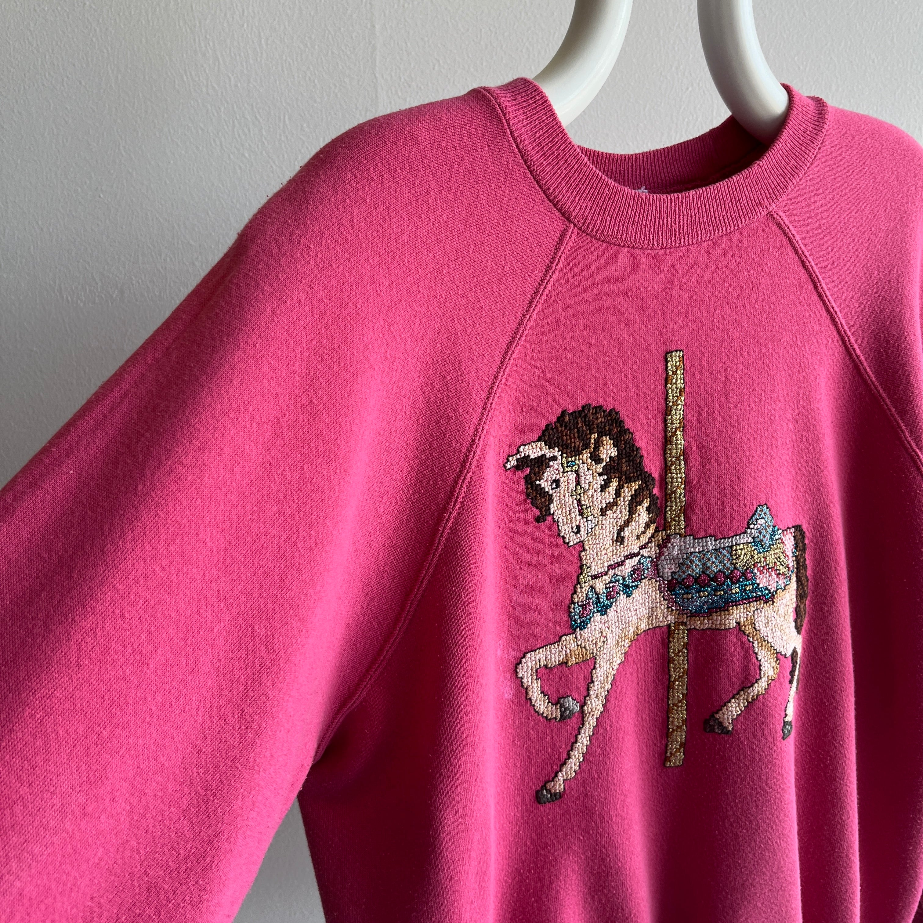 1980s DIY Needlepoint Carousel Horse Sweatshirt - OH, WOW