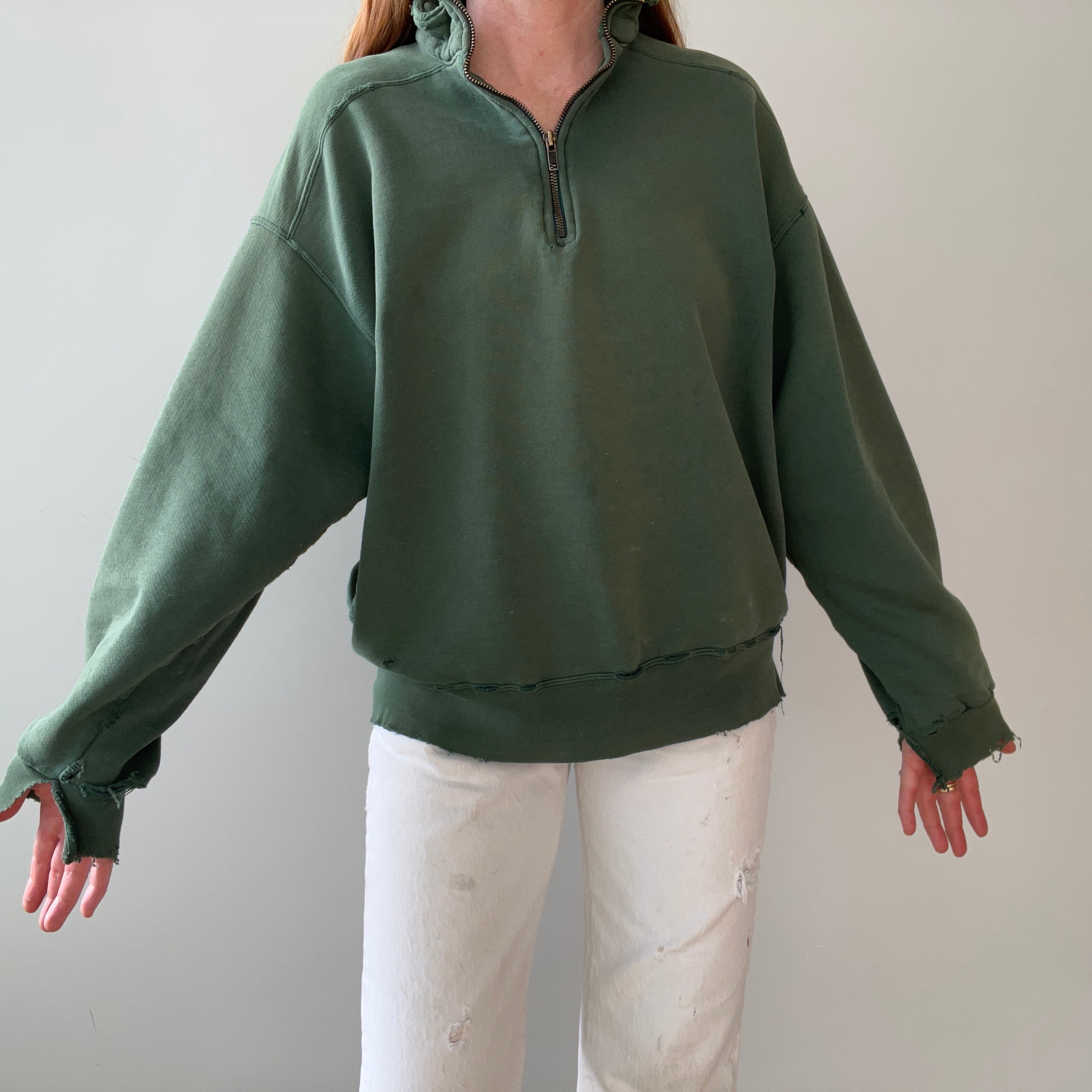 1980s Green Thrashed L.L. Bean Quarter Zip Sweatshirt