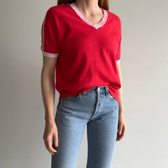 1970/80s Re V-Neck Ring T-SHirt with Shoulder Striping - Jersey Knit