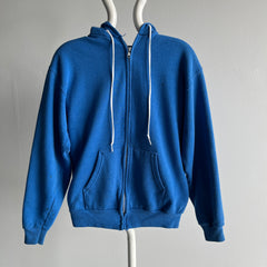 1980s Hanes Periwinkle Blue Zip Up Hoodie with Black Ink/Paint Staining