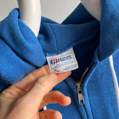 1980s Hanes Periwinkle Blue Zip Up Hoodie with Black Ink/Paint Staining