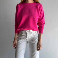 1980s Thin and Slouchy Hot Pink Sweatshirt with Bleach Staining on the Sleeve