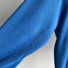 1980s Hanes Periwinkle Blue Zip Up Hoodie with Black Ink/Paint Staining