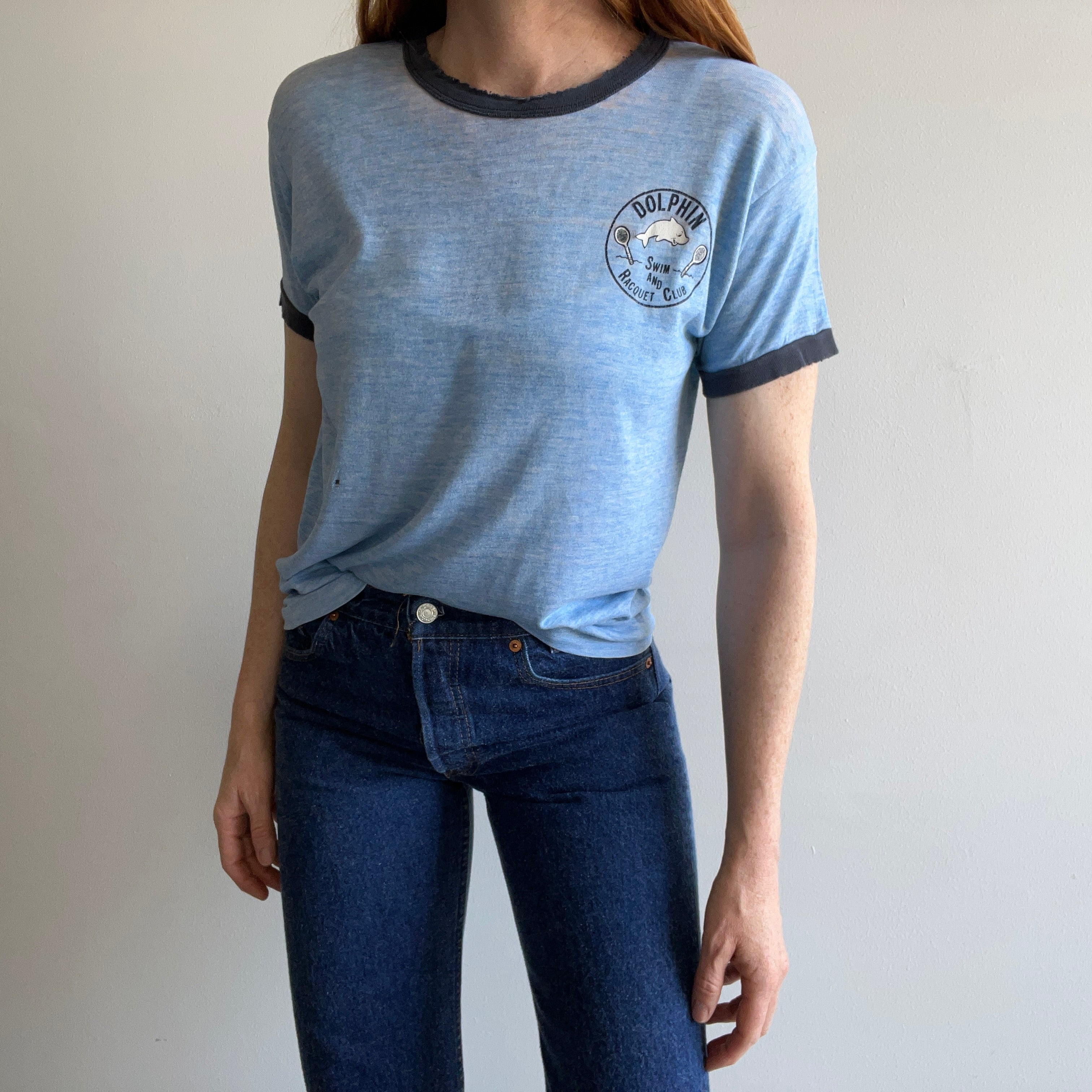 1970s Tissue Paper Thin and Shredded Dolphin Swim and Racquet Club Ring T-Shirt