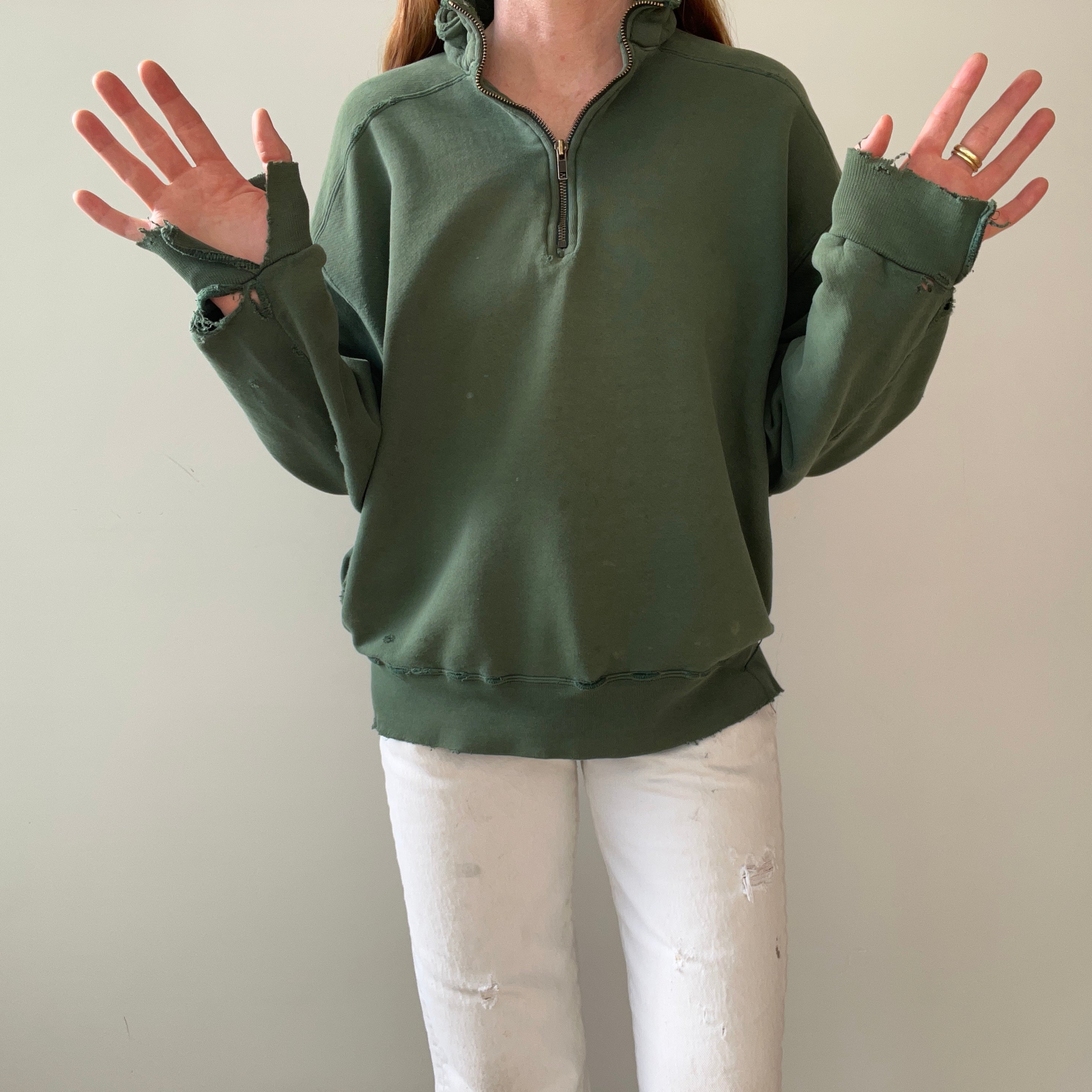 1980s Green Thrashed L.L. Bean Quarter Zip Sweatshirt