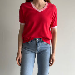 1970/80s Re V-Neck Ring T-SHirt with Shoulder Striping - Jersey Knit