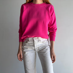 1980s Thin and Slouchy Hot Pink Sweatshirt with Bleach Staining on the Sleeve