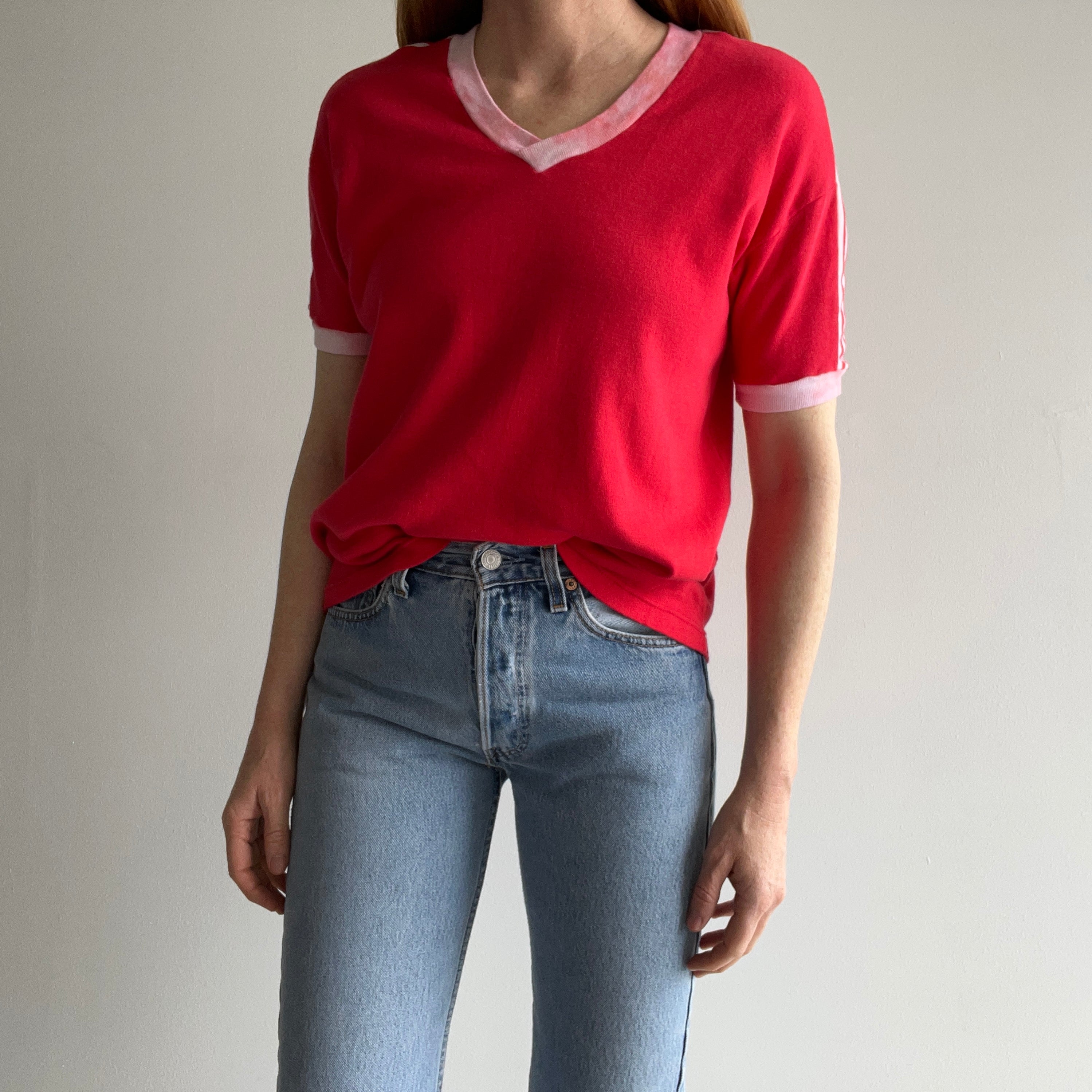 1970/80s Re V-Neck Ring T-SHirt with Shoulder Striping - Jersey Knit