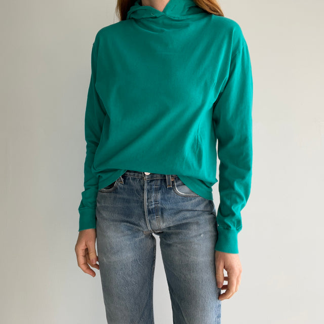 1980s Cotton Long Sleeve Teal Hoodie with Side Mending