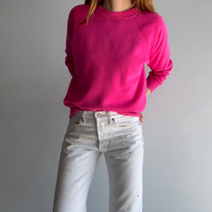 1980s Thin and Slouchy Hot Pink Sweatshirt with Bleach Staining on the Sleeve