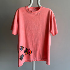 1980/90s Faded Neon Orange Fish Wrap Around Cotton T-Shirt