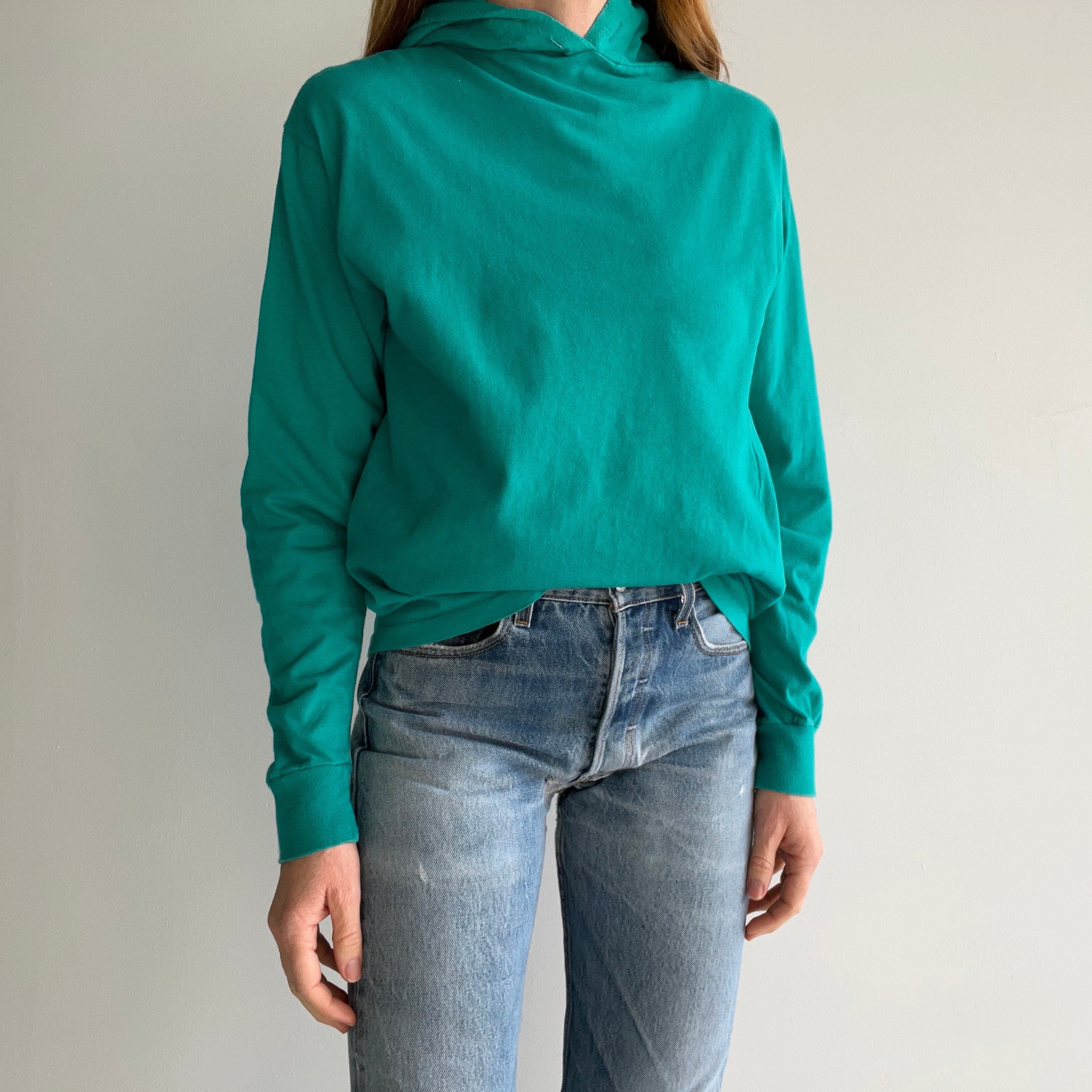 1980s Cotton Long Sleeve Teal Hoodie with Side Mending