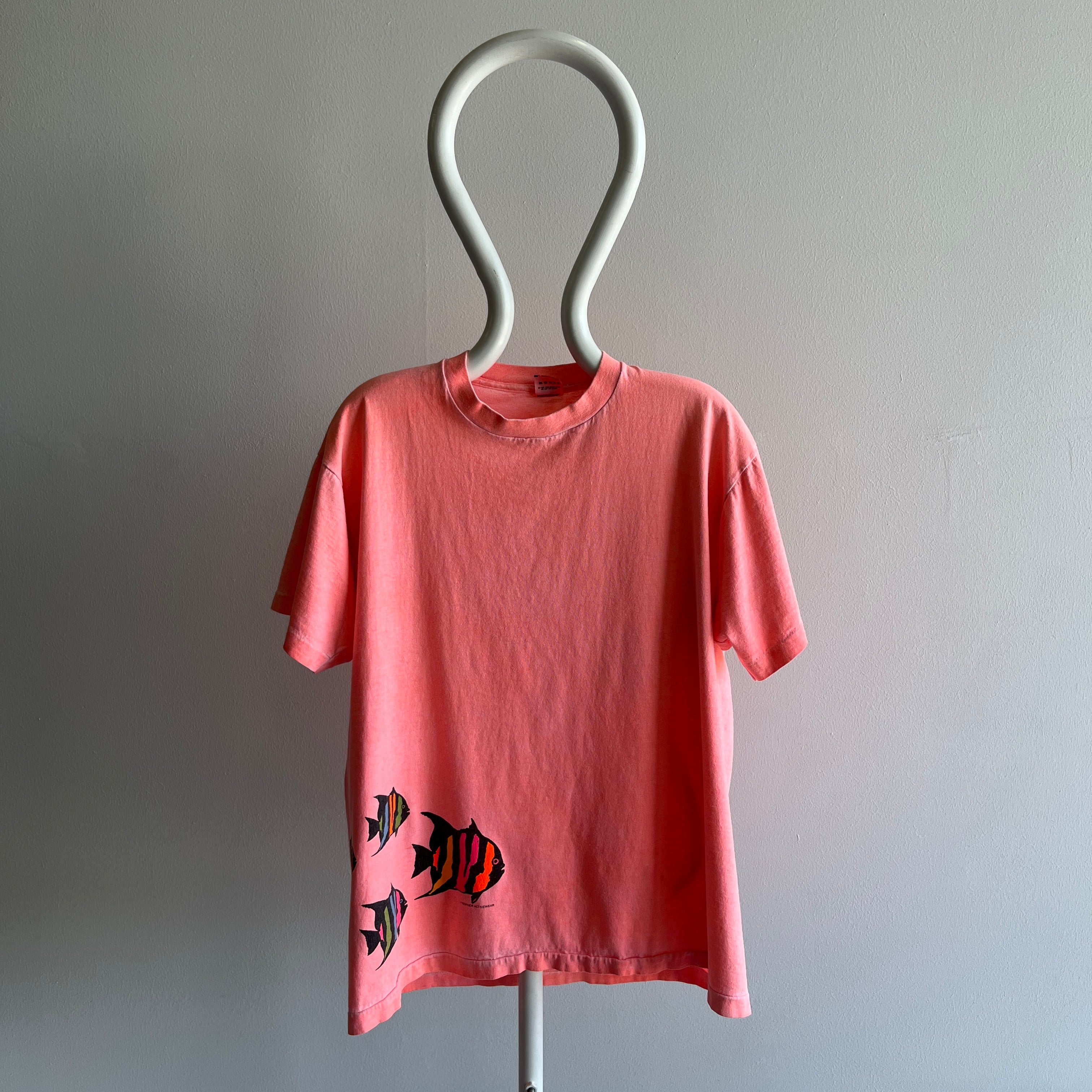 1980/90s Faded Neon Orange Fish Wrap Around Cotton T-Shirt