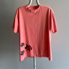 1980/90s Faded Neon Orange Fish Wrap Around Cotton T-Shirt