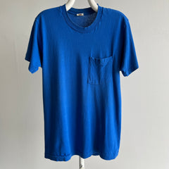 1980s Blank Dodger Blue Pocket T-Shirt by FOTL - Single Stitch