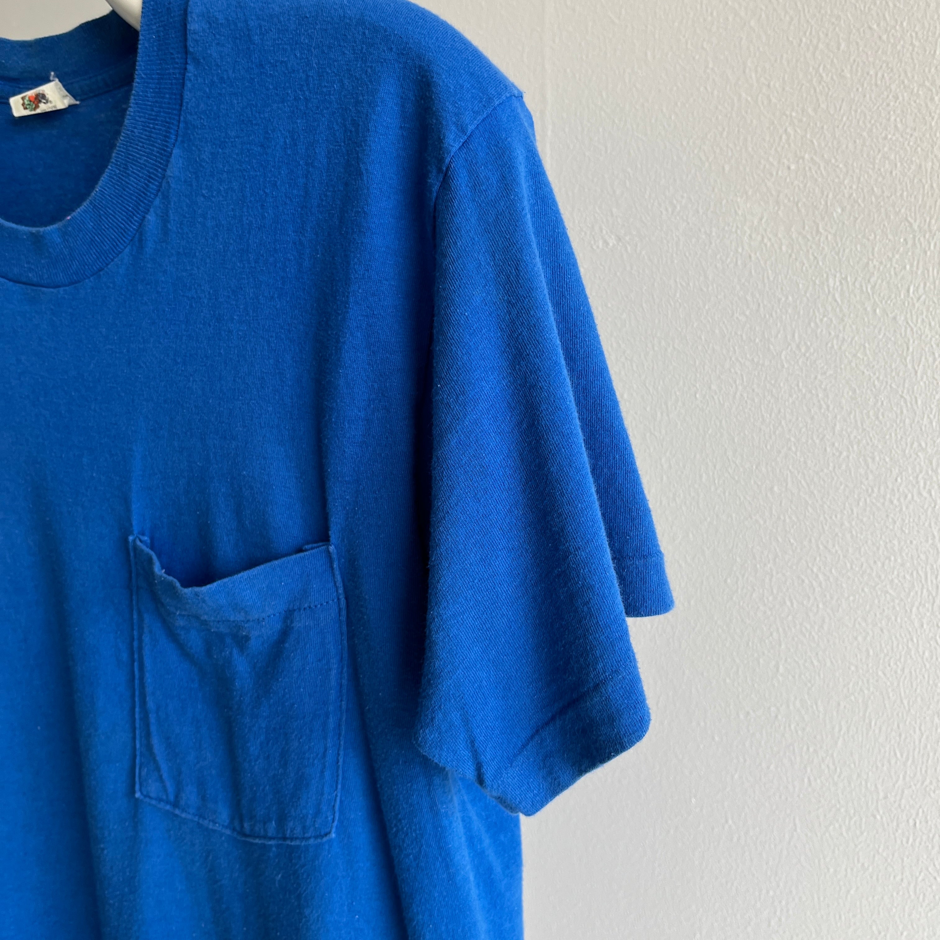 1980s Blank Dodger Blue Pocket T-Shirt by FOTL - Single Stitch