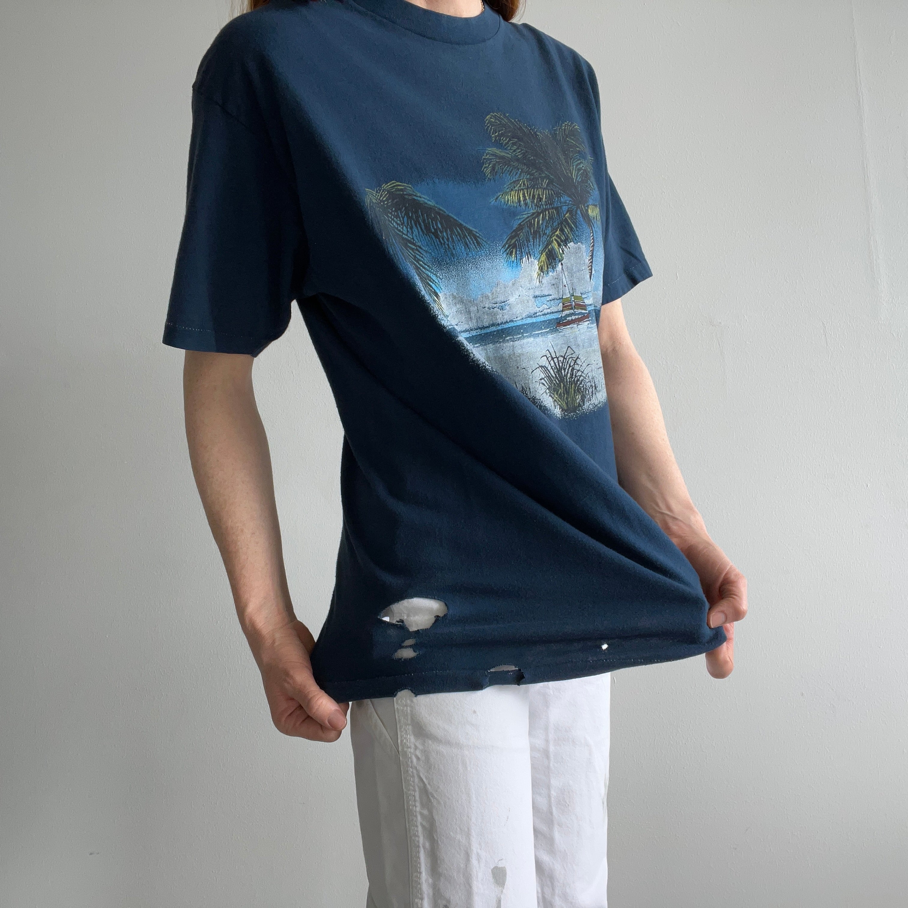 1980s Sailboat T-Shirt with Holes and Contrast Stitching