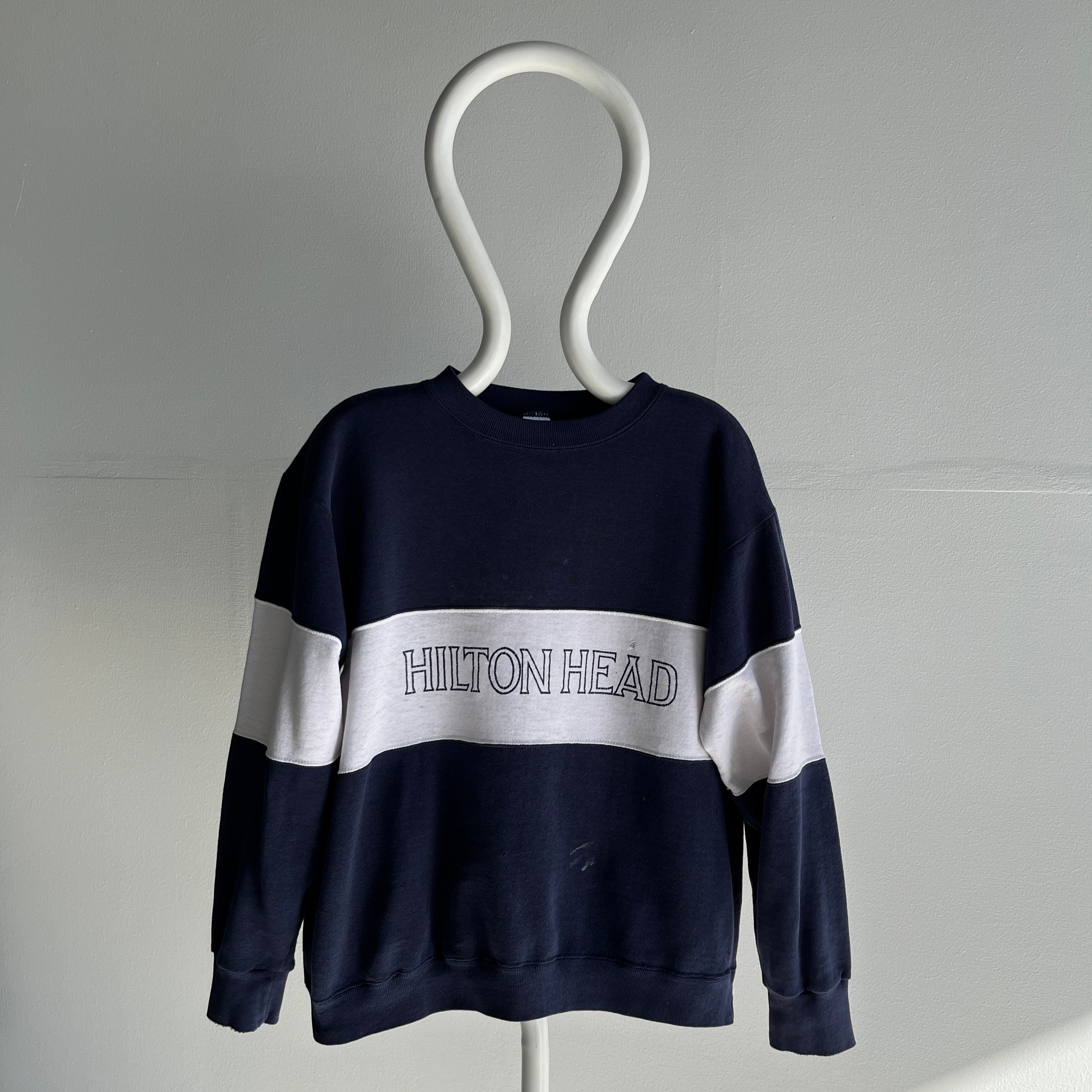 1980s Thinned Out and Worn Hilton Head Color Block Sweatshirt