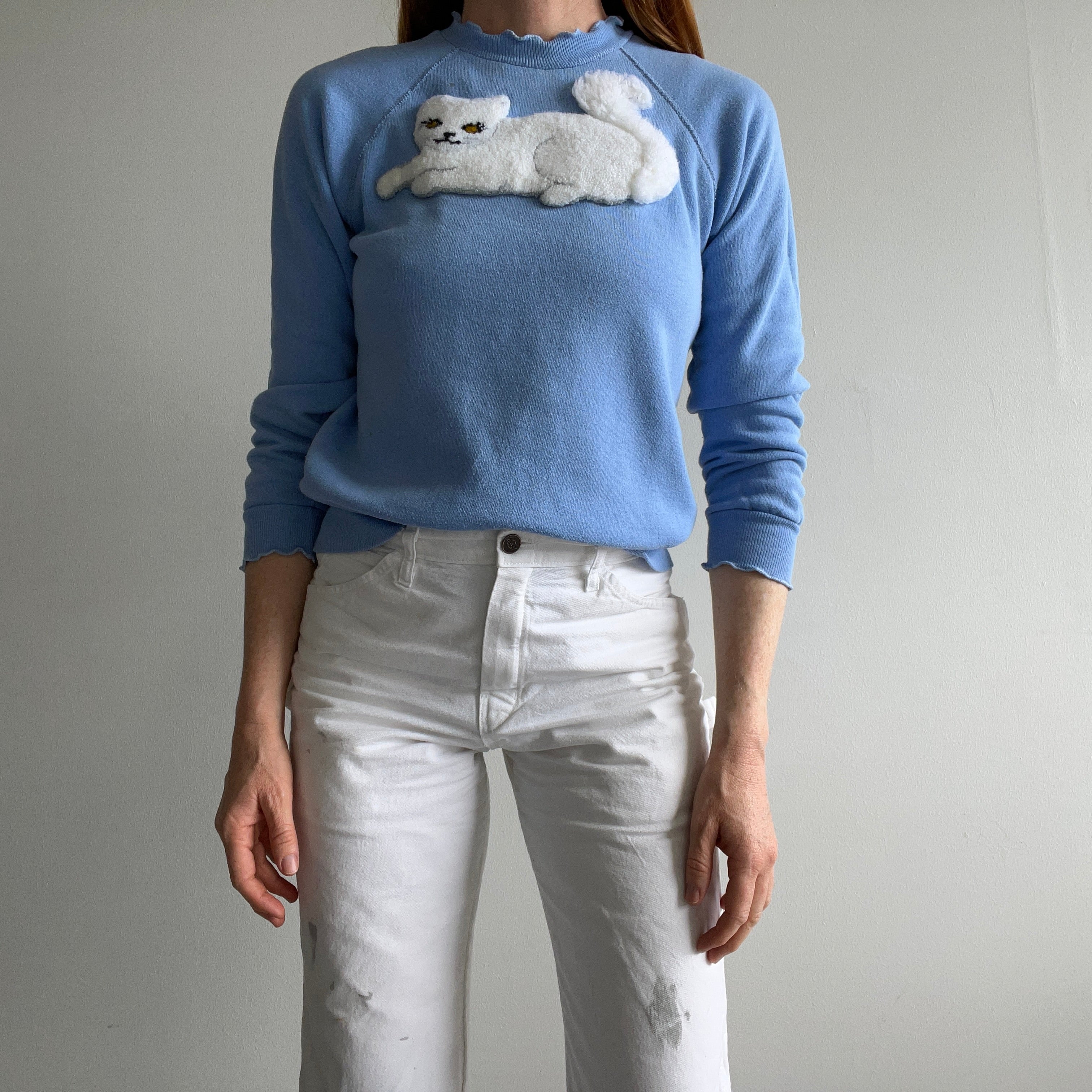 1980s DIY FLuffy Fuzzy White Cat with Ruffled Cuffs Sweatshirt - Like, Woah