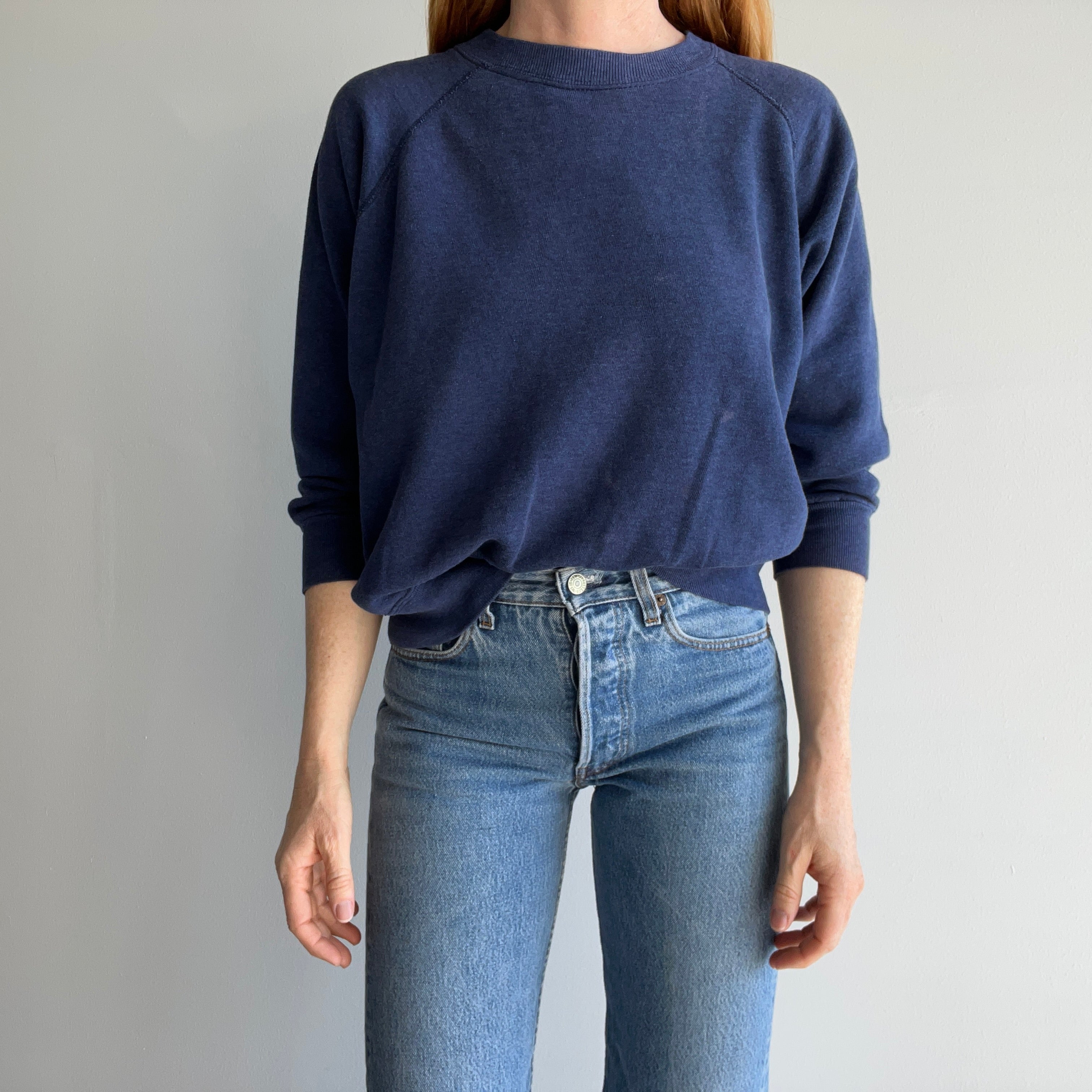 1980s Thinned Out and Bleach Stained Blank Navy Sweatshirt