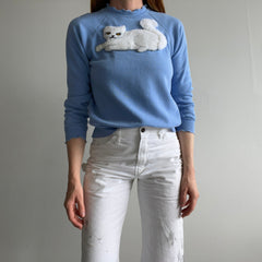 1980s DIY FLuffy Fuzzy White Cat with Ruffled Cuffs Sweatshirt - Like, Woah