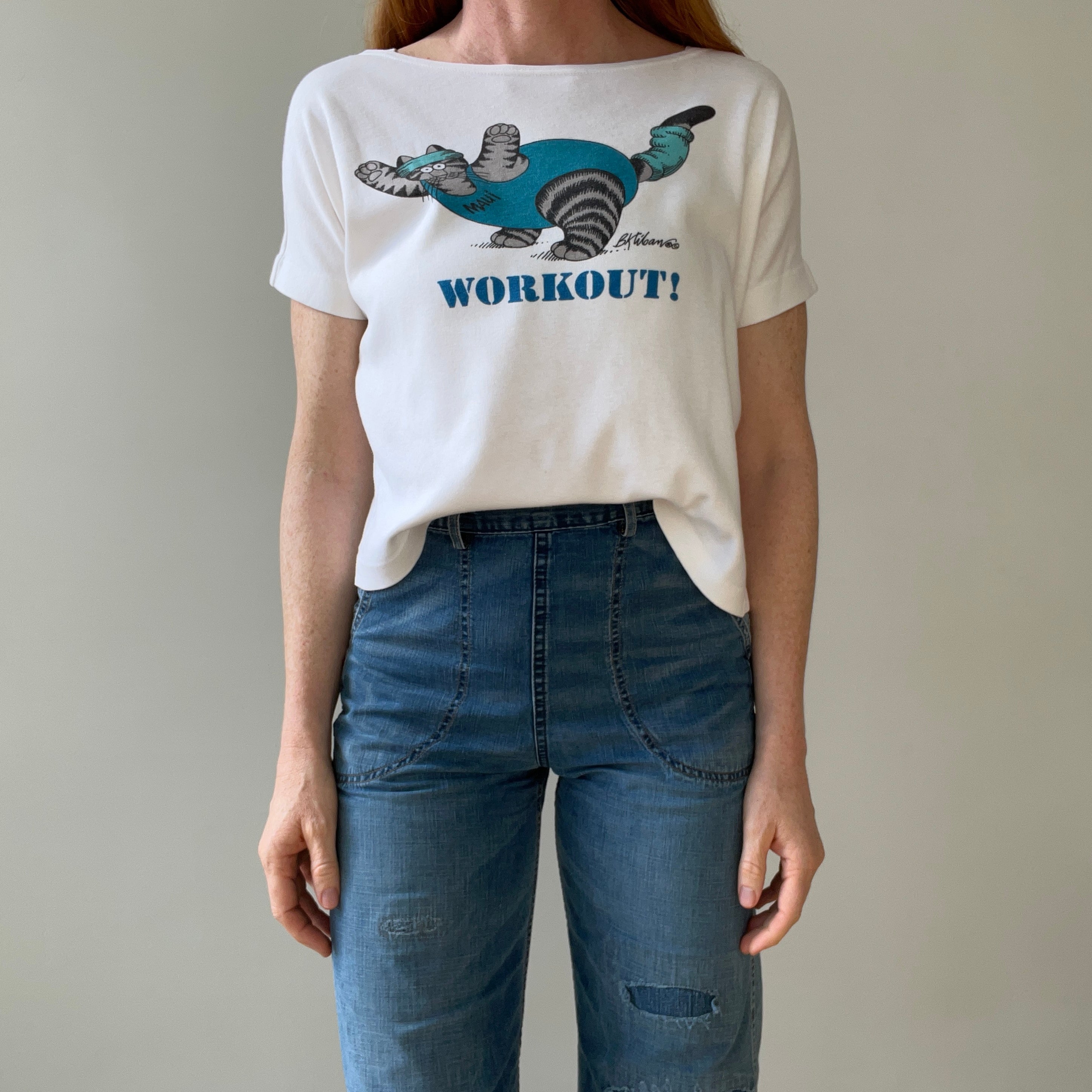 1980s Scoop Neck Workout Cat T Shirt - Crazy Shirt Brand Alert!