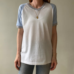 1980s Baby Blue And White Raglan Sleeve T Shirt