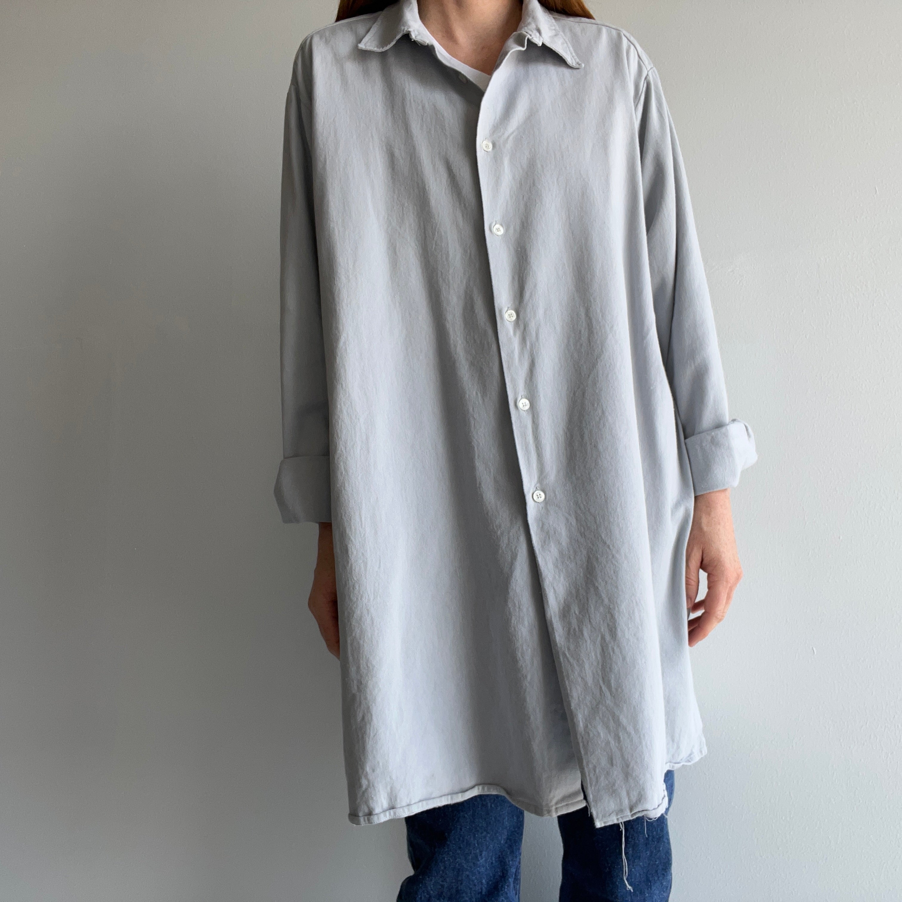 1980s European Gray Cotton Button Up Workwear Shirt/Duster/Dress