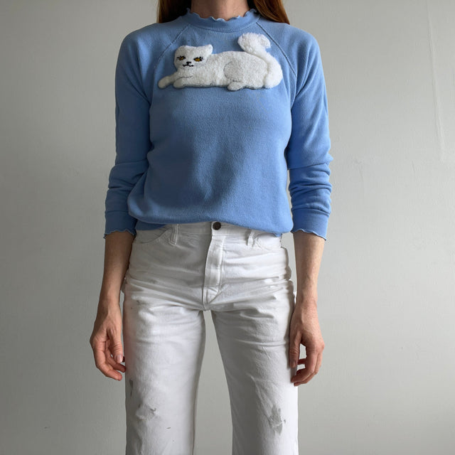 1980s DIY FLuffy Fuzzy White Cat with Ruffled Cuffs Sweatshirt - Like, Woah