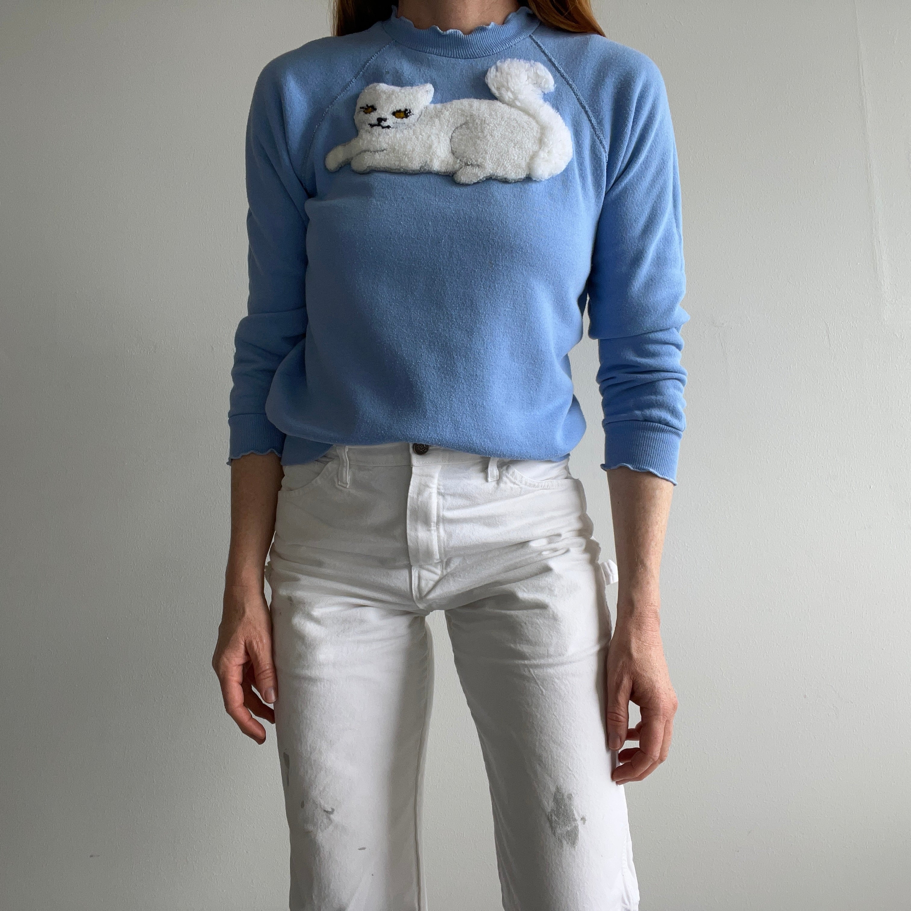 1980s DIY FLuffy Fuzzy White Cat with Ruffled Cuffs Sweatshirt - Like, Woah