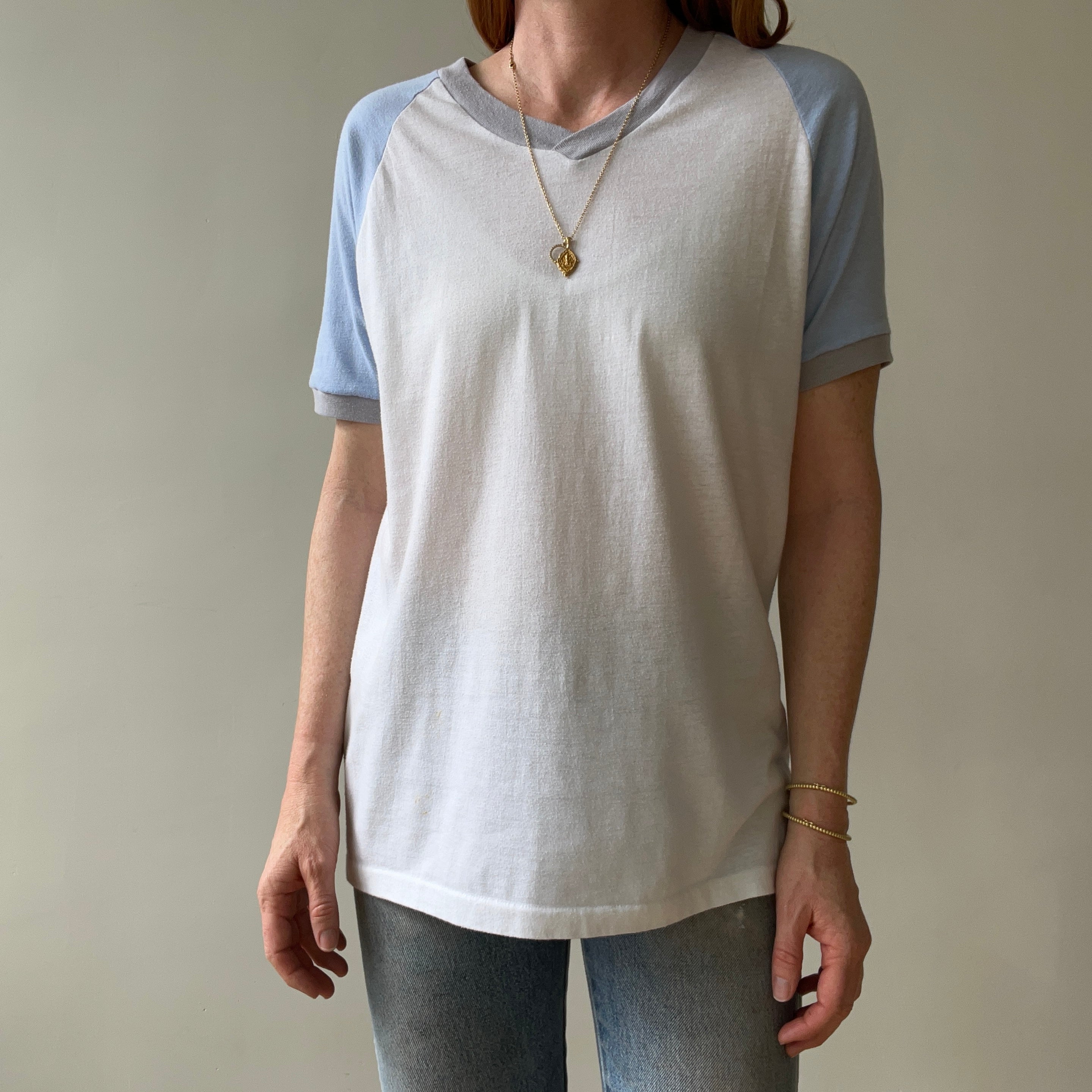 1980s Baby Blue And White Raglan Sleeve T Shirt