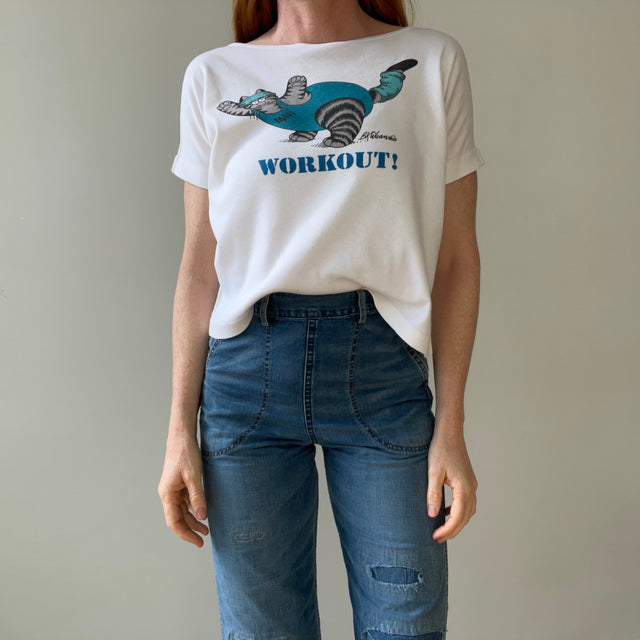 1980s Scoop Neck Workout Cat T Shirt - Crazy Shirt Brand Alert!